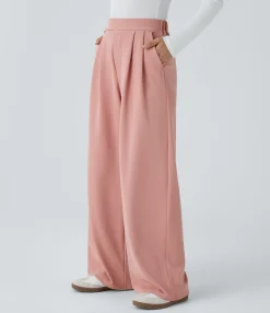 High-Waisted Pants|Wide-Leg Pants<HALARA High Waisted Pocket Wide Leg Waffle Casual Pants