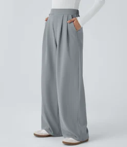High-Waisted Pants|Wide-Leg Pants<HALARA High Waisted Pocket Wide Leg Waffle Casual Pants