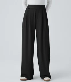 High-Waisted Pants|Wide-Leg Pants<HALARA High Waisted Pocket Wide Leg Waffle Casual Pants