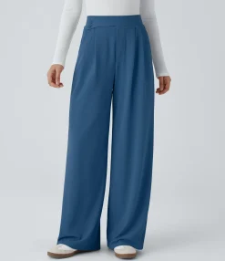 High-Waisted Pants|Wide-Leg Pants<HALARA High Waisted Pocket Wide Leg Waffle Casual Pants