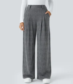 High-Waisted Pants|Wide-Leg Pants<HALARA High Waisted Pocket Wide Leg Houndstooth Plaid Casual Pants