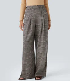 High-Waisted Pants|Wide-Leg Pants<HALARA High Waisted Pocket Wide Leg Houndstooth Plaid Casual Pants