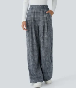 High-Waisted Pants|Wide-Leg Pants<HALARA High Waisted Pocket Wide Leg Houndstooth Plaid Casual Pants
