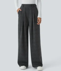 High-Waisted Pants|Wide-Leg Pants<HALARA High Waisted Pocket Wide Leg Houndstooth Plaid Casual Pants