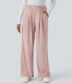 High-Waisted Pants|Wide-Leg Pants<HALARA High Waisted Pocket Wide Leg Houndstooth Plaid Casual Pants