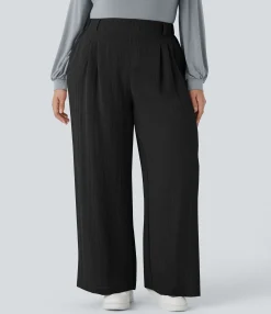 Plus Size<HALARA High Waisted Pocket Wide Leg Flowy Casual Linen-Feel Plus Size Pants
