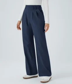 High-Waisted Pants|Wide-Leg Pants<HALARA High Waisted Pocket Wide Leg Casual Linen-Feel Pants