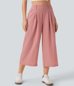 High-Waisted Pants|Wide-Leg Pants<HALARA High Waisted Pocket Wide Leg Flowy Solid Palazzo Capri Casual Linen-Feel Pants