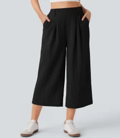 High-Waisted Pants|Wide-Leg Pants<HALARA High Waisted Pocket Wide Leg Flowy Solid Palazzo Capri Casual Linen-Feel Pants