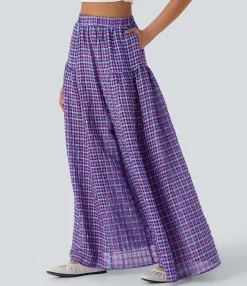 High-Waisted Pants|Wide-Leg Pants<HALARA High Waisted Pocket Wide Leg Flowy Plaid Casual Pants