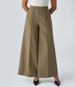 High-Waisted Pants|Wide-Leg Pants<HALARA High Waisted Pocket Wide Leg Work Pants Kelp