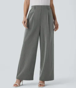 High-Waisted Pants|Wide-Leg Pants<HALARA High Waisted Pocket Wide Leg Stripe Work Pants