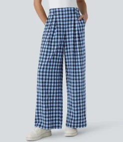 High-Waisted Pants|Wide-Leg Pants<HALARA High Waisted Pocket Wide Leg Plaid Casual Pants