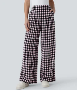 High-Waisted Pants|Wide-Leg Pants<HALARA High Waisted Pocket Wide Leg Plaid Casual Pants