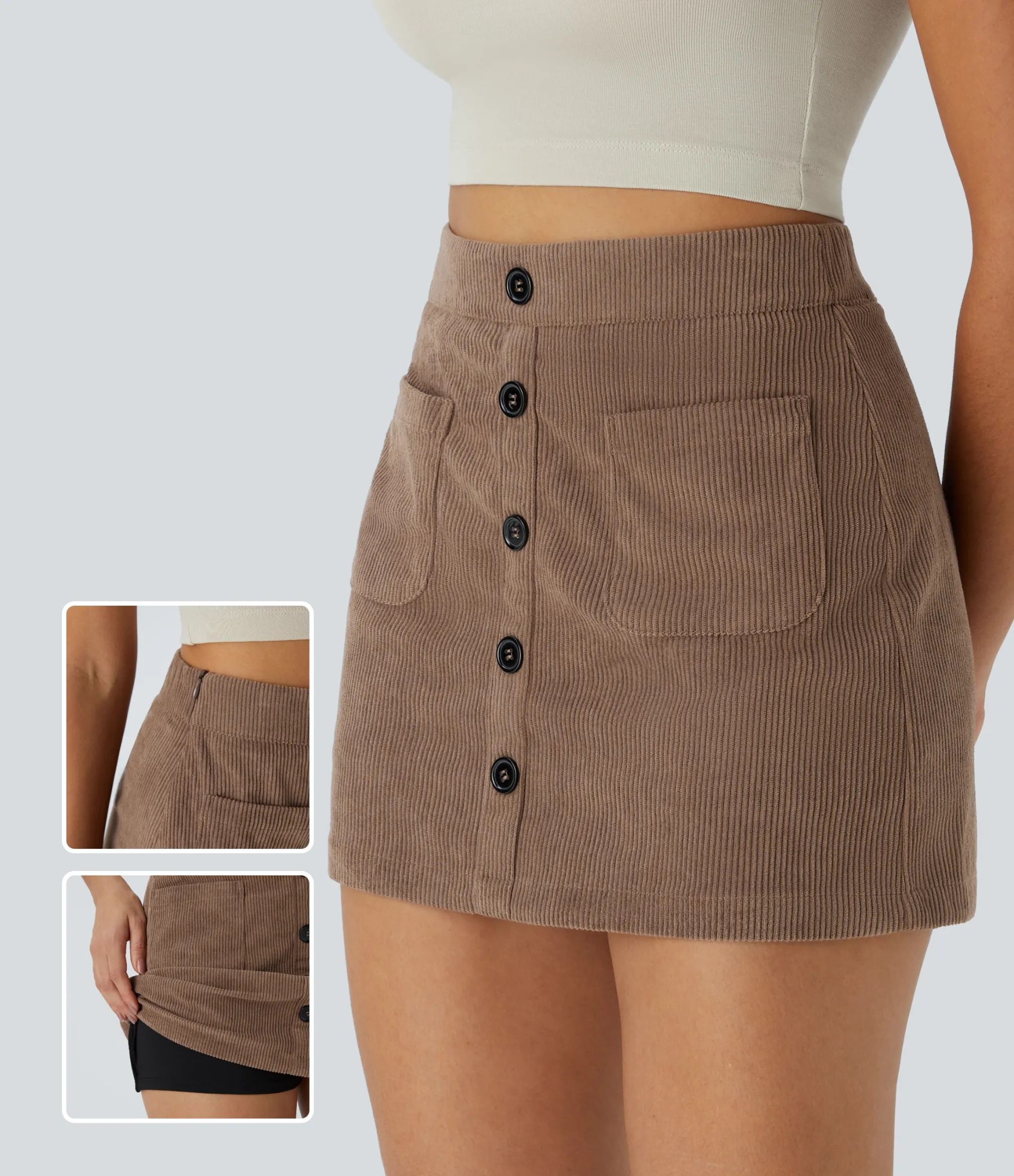 Mini Skirts|Casual Skirts<HALARA High Waisted Pocket Zipper 2-in-1 Corduroy Mini Casual Skirt