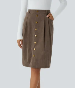 Maxi & Midi Skirts|Casual Skirts<HALARA High Waisted Pockets Front Midi Casual Corduroy Skirt