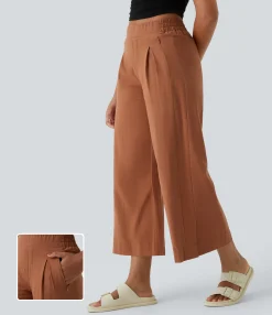 Pants|High-Waisted Pants<HALARA High Waisted Pockets Hem Wide Leg Palazzo Capri Casual Linen-Feel Pants