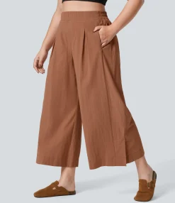 Plus Size<HALARA High Waisted Pockets Hem Wide Leg Palazzo Capri Casual Linen-Feel Plus Size Pants