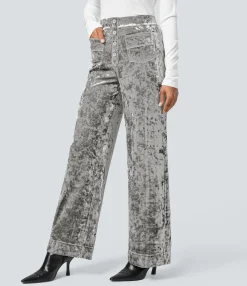 High-Waisted Pants|Straight-Leg Pants<HALARA High Waisted Pockets Straight Leg Velvet Casual Pants