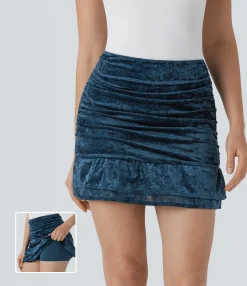 Mini Skirts|Skirts<HALARA High Waisted Ruched Ruffle Hem 2-in-1 Velvet Mesh Overlay Bodycon Mini Skirt