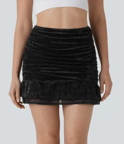 Mini Skirts|Skirts<HALARA High Waisted Ruched Ruffle Hem 2-in-1 Velvet Mesh Overlay Bodycon Mini Skirt