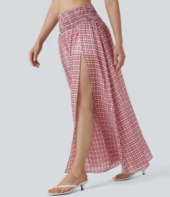 Casual Skirts|Maxi & Midi Skirts<HALARA High Waisted Shirred 2-in-1 Flowy Plaid Maxi Casual Skirt