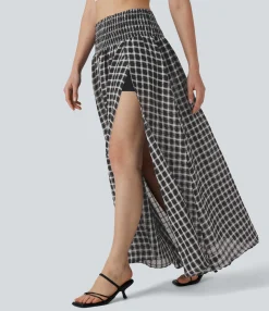 Casual Skirts|Maxi & Midi Skirts<HALARA High Waisted Shirred 2-in-1 Flowy Plaid Maxi Casual Skirt