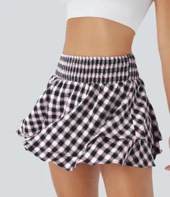 Mini Skirts|Casual Skirts<HALARA High Waisted Shirred 2-in-1 Pocket Layered Plaid Mini Casual Skirt