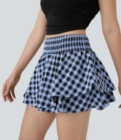 Mini Skirts|Casual Skirts<HALARA High Waisted Shirred 2-in-1 Pocket Layered Plaid Mini Casual Skirt