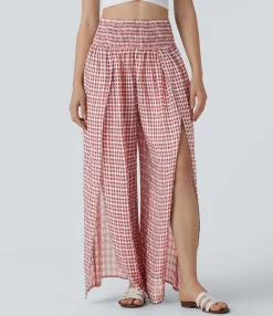 High-Waisted Pants|Wide-Leg Pants<HALARA High Waisted Shirred Plaid Flowy Casual Wide Leg Pants