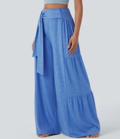 Wide-Leg Pants|High-Waisted Pants<HALARA High Waisted Shirred Tie Front & Back Wide Leg Flowy Dance Pants