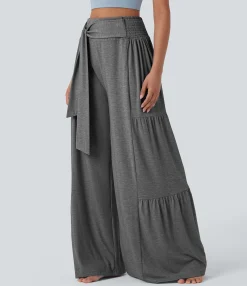 Wide-Leg Pants|High-Waisted Pants<HALARA High Waisted Shirred Tie Front & Back Wide Leg Flowy Dance Pants