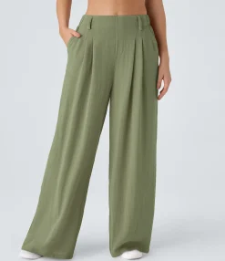High-Waisted Pants|Wide-Leg Pants<HALARA High Waisted Side Pocket Wide Leg Flowy Solid Palazzo Casual Linen-Feel Pants