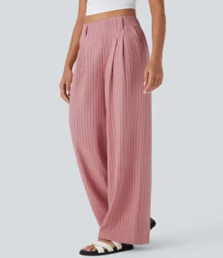 High-Waisted Pants|Wide-Leg Pants<HALARA High Waisted Stripe Wide Leg Casual Linen-Feel Pants with Pockets