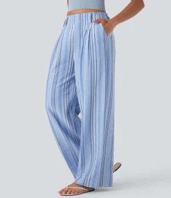 High-Waisted Pants|Wide-Leg Pants<HALARA High Waisted Stripe Wide Leg Casual Linen-Feel Pants with Pockets