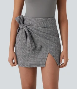 Mini Skirts|Skirts<HALARA High Waisted Tie Side 2-in-1 Houndstooth Mini Work Skirt