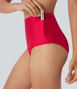 Beachwear<HALARA High Waisted Tummy Control Sheen Bikini Bottom Swimsuit with Pockets