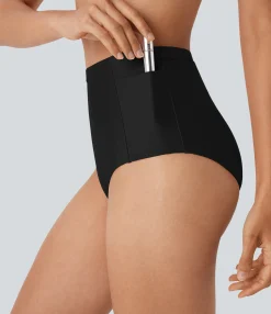 Beachwear<HALARA High Waisted Tummy Control Sheen Bikini Bottom Swimsuit with Pockets