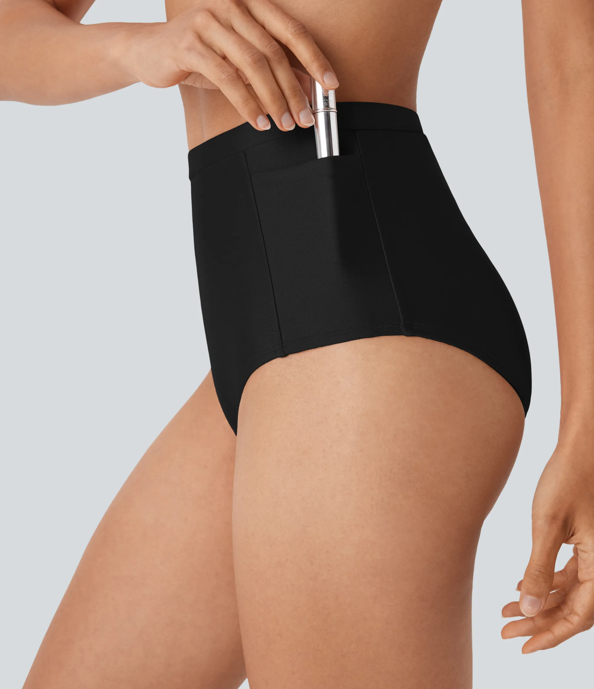Beachwear<HALARA High Waisted Tummy Control Sheen Bikini Bottom Swimsuit with Pockets