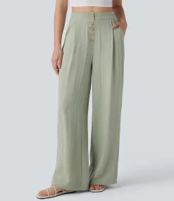 Pants|High-Waisted Pants<HALARA High Waisted Wide Leg Casual Linen-Feel Pants with Pockets