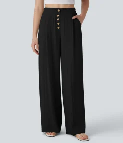 Pants|High-Waisted Pants<HALARA High Waisted Wide Leg Casual Linen-Feel Pants with Pockets