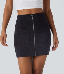 Mini Skirts|Casual Skirts<HALARA High Waisted Zipper Bodycon Metallic Mini Casual Skirt with Pockets Glitter Black Blue