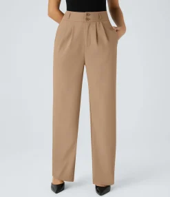 High-Waisted Pants|Straight-Leg Pants<HALARA High Waisted Zipper Pocket Shirred Straight Leg Work Pants