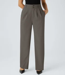 High-Waisted Pants|Straight-Leg Pants<HALARA High Waisted Zipper Pocket Shirred Straight Leg Work Pants