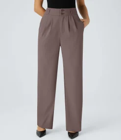 High-Waisted Pants|Straight-Leg Pants<HALARA High Waisted Zipper Pocket Shirred Straight Leg Work Pants