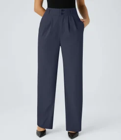 High-Waisted Pants|Straight-Leg Pants<HALARA High Waisted Zipper Pocket Shirred Straight Leg Work Pants