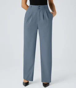 High-Waisted Pants|Straight-Leg Pants<HALARA High Waisted Zipper Pocket Shirred Straight Leg Work Pants