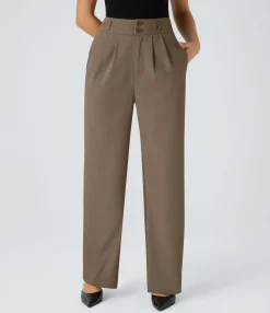 High-Waisted Pants|Straight-Leg Pants<HALARA High Waisted Zipper Pocket Shirred Straight Leg Work Pants