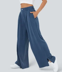 High-Waisted Pants|Wide-Leg Pants<HALARA High Waisted Zipper Pocket Hem Wide Leg Casual Pants