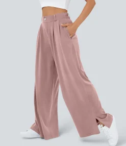 High-Waisted Pants|Wide-Leg Pants<HALARA High Waisted Zipper Pocket Hem Wide Leg Casual Pants